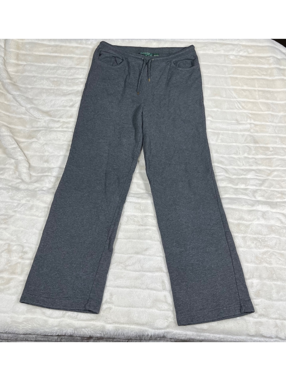 VTG Lauren Ralph Lauren M 100% Cotton Grey Gold Drawstring Straight Sweatpants